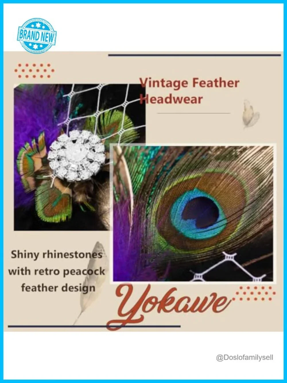 Peacock Feather Hair Clip 1920s Fascinator with Rhinestone Flapper Prom Hair